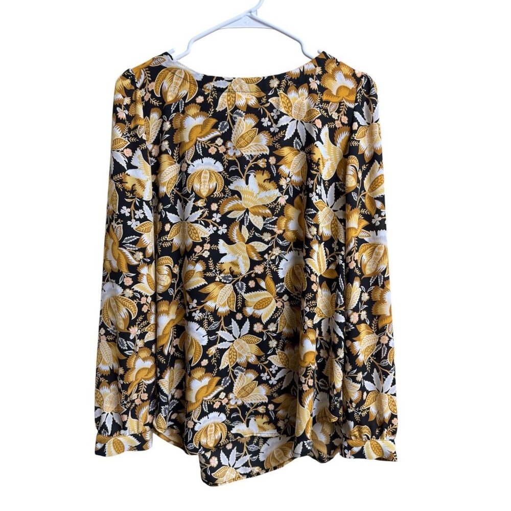 LOFT Floral Blouse Womens M Black Mustard Long Sleeve Office Top
